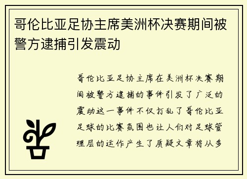 哥伦比亚足协主席美洲杯决赛期间被警方逮捕引发震动